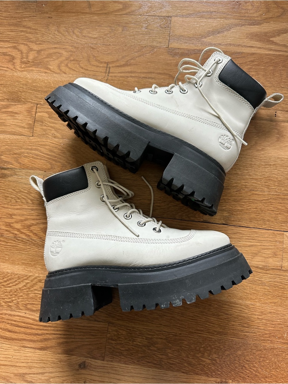 Timberland Cream Lace-Up Chunky Lug Boots with Black Collar